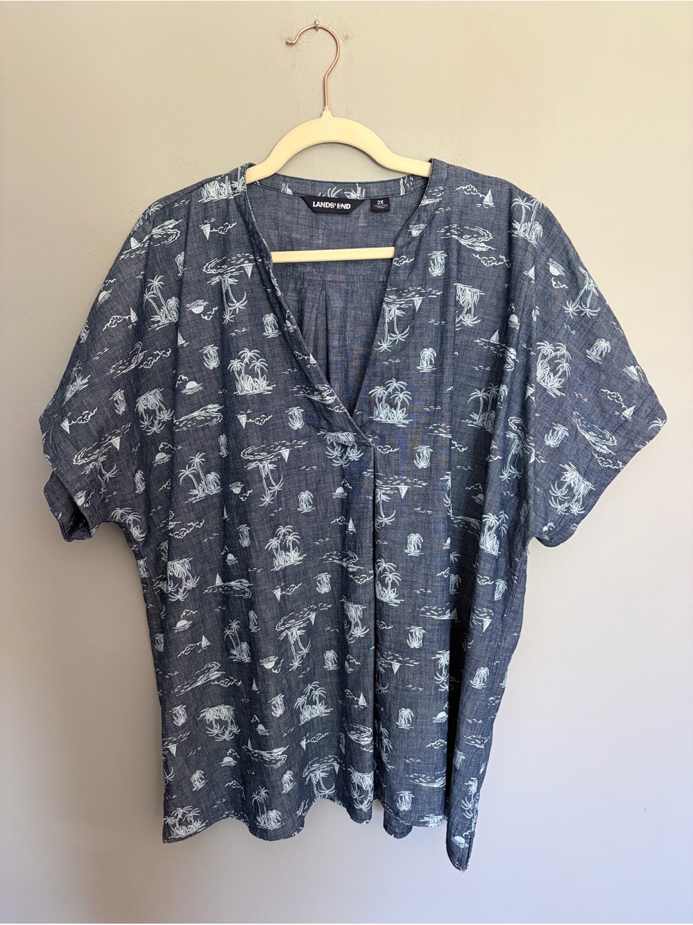 Lands End Top Tropical Nautical Womens Size 2X Blue 100% Cotton Coastal Sailboat